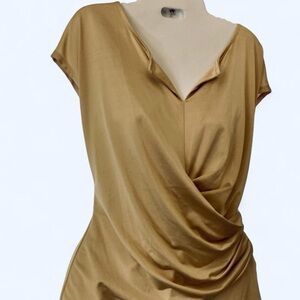 NY & Company Elegant Gold Shimmering Draped Short Sleeve Blouse NWT M